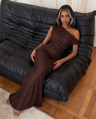 One-Shoulder Shimmer Mesh Long Evening Dress