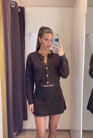 Gold Button Knit Cardigan and A-Line Mini Skirt Set