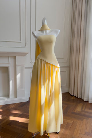 Asymmetric Strapless Yellow Pleated Built-In Neck Scarf Long Dress
