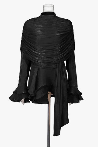 Draped Sheer Layered Dress with High Neck and Flared Cuffs