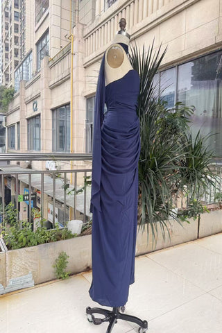 Strapless Ruched Long Dress with Lace-Up Back & High Slit