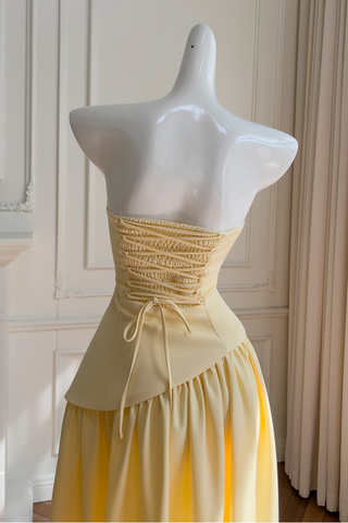Asymmetric Strapless Yellow Pleated Built-In Neck Scarf Long Dress