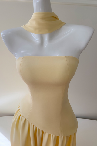 Asymmetric Strapless Yellow Pleated Built-In Neck Scarf Long Dress