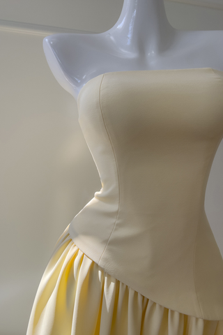 Asymmetric Strapless Yellow Pleated Built-In Neck Scarf Long Dress