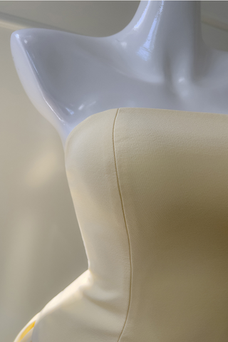 Asymmetric Strapless Yellow Pleated Built-In Neck Scarf Long Dress