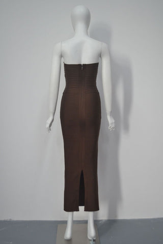 Strapless Bandage Midi Dress with Sculpted Sweetheart Neckline and Bodycon Fit