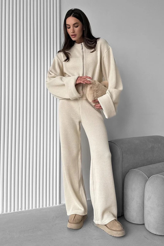 Ribbed Long Sleeve Zip Jacket & Relaxed Pants Co-Ord Set