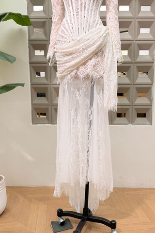 Lace Corset Long Dress – Draped Long Sleeve Gown