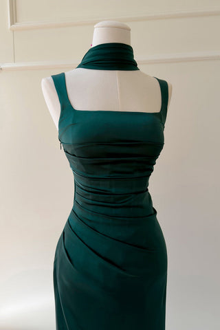 Ruched Square Neck Sleeveless Satin Draped Back Long Dress