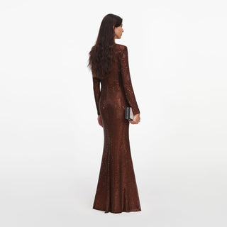 Sparkling Draped High-Neck Structured Shoulder Long Dress