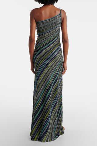 Metallic Striped One-Shoulder Knit Long Dress