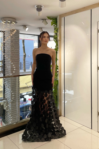 Dimensional Flower Spandex Strapless Long Dress