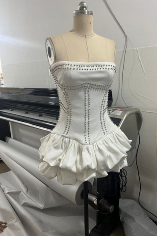 Strapless Studded Corset Mini Dress – Structured Bodice with Volume Hem