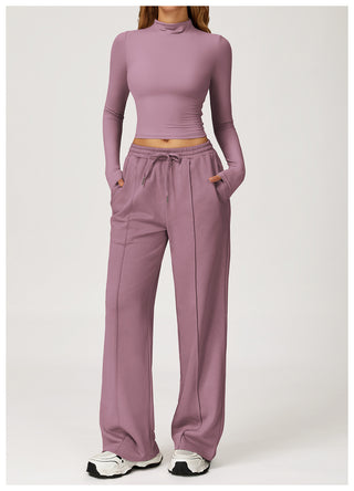 Seamless Mock-Neck Long Sleeve Crop Top & Straight-Leg Jogger Set
