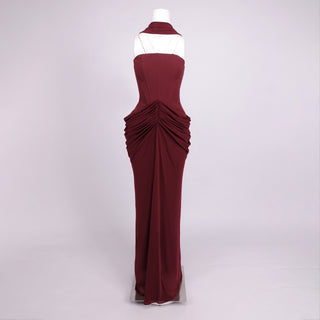 Strapless Corset Draped Long Dress with Ruched Hip Detail