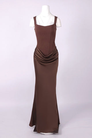 Structured Corset Draped Bodycon Long Dress with Wide Straps