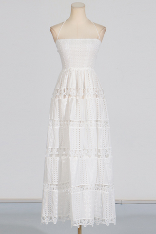 Backless Embroidered Flower Long Dress With Hollow Lace Details