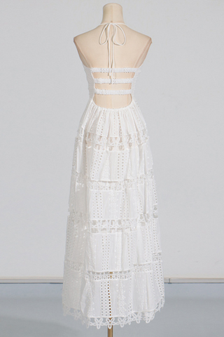 Backless Embroidered Flower Long Dress With Hollow Lace Details