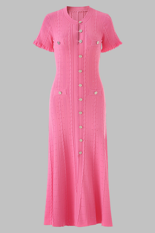 Textured Half Sleeve Knit Flared  Front Pockets Long Dress