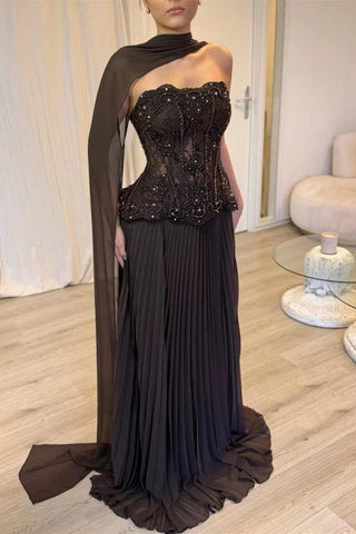 Strapless Sleeveless Beaded Lace Corset Pleated Long Dress with Draped Scarf