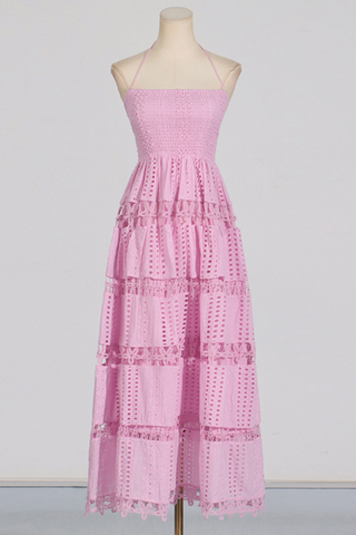 Backless Embroidered Flower Long Dress With Hollow Lace Details