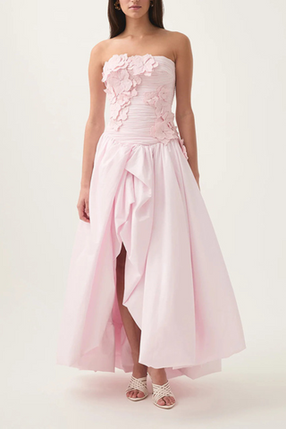 Strapless  Floral Ruched Slit Draped Long Dress
