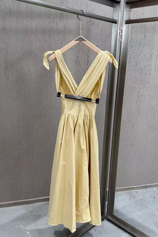 Tie-Shoulder V-Neck Open Back Flared Midi Dress