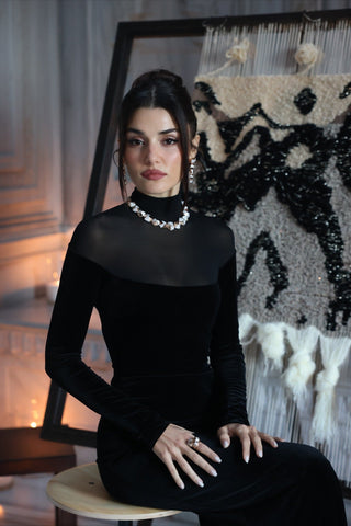 Velvet Mesh High Neck Long Dress – Long Sleeve Evening Gown