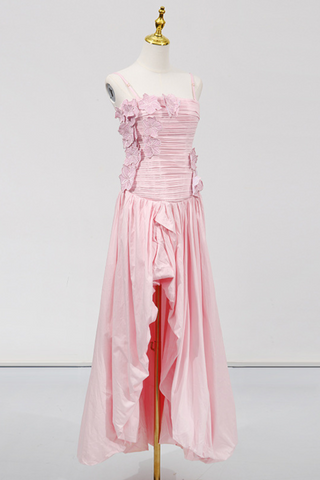 Strapless  Floral Ruched Slit Draped Long Dress