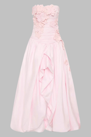 Strapless  Floral Ruched Slit Draped Long Dress