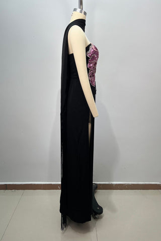 Floral Sequin Fringe Strapless Long Dress with Scarf