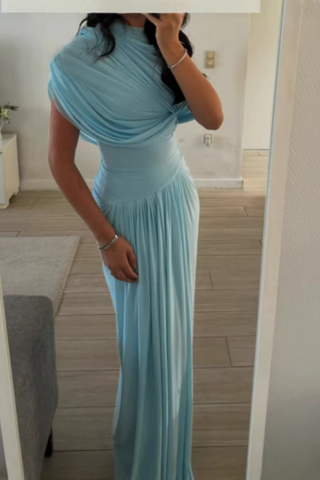 Asymmetrical Draped Mesh EveningLong Dress with Pleated Waist & Shoulder Wrap