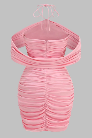 Pink Ruched Halter Neck Backless Off-Shoulder Flower Mini Dress