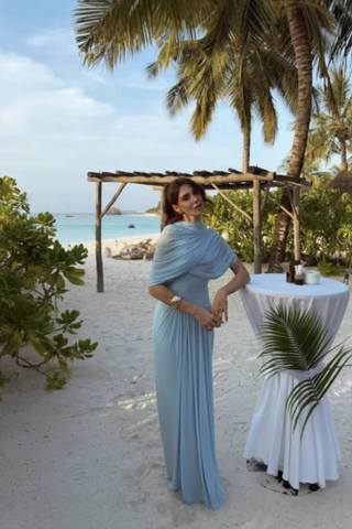 Asymmetrical Draped Mesh EveningLong Dress with Pleated Waist & Shoulder Wrap