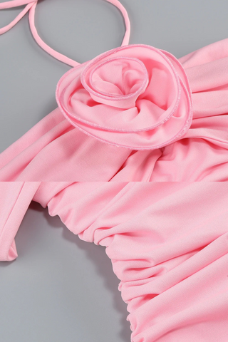 Pink Ruched Halter Neck Backless Off-Shoulder Flower Mini Dress
