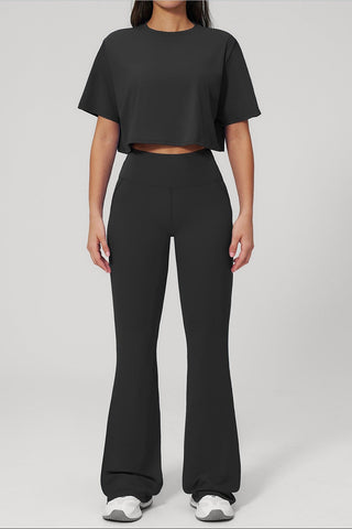 Short Sleeve Crop Top & High Waist Flared Pants Set – Snatched Fit, Made to Move