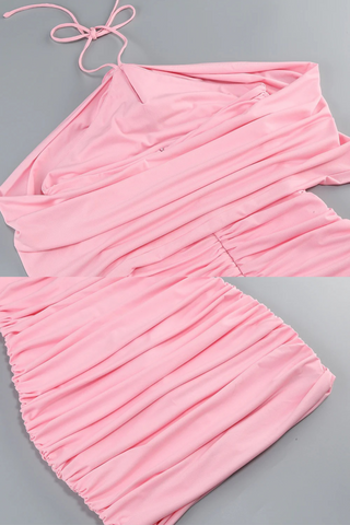 Pink Ruched Halter Neck Backless Off-Shoulder Flower Mini Dress