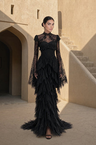 Lace Corset Long Dress with Ruffle Layers & Flared Sleeves