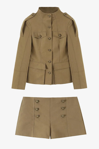 Military-Inspired Stand Collar Long Sleeve Jacket & High Waist Tailored Shorts Set
