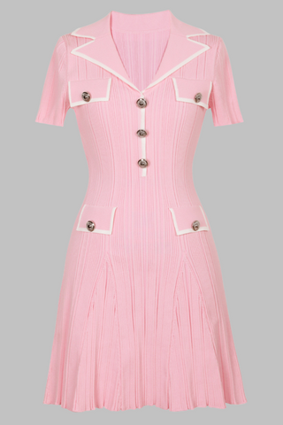Pleated Knit  Lapel Collar Buttoned Pockets Mini Dress