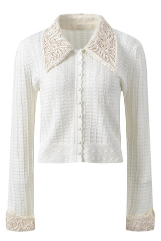 Embroidered Collar Long Sleeve Pointelle Knit Cardigan