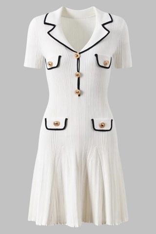 Pleated Knit  Lapel Collar Buttoned Pockets Mini Dress