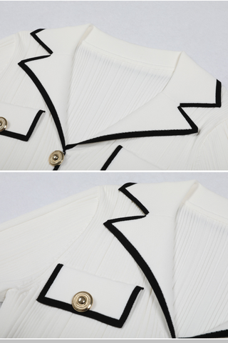 Pleated Knit  Lapel Collar Buttoned Pockets Mini Dress