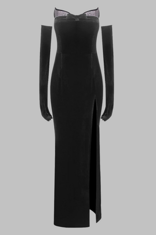 Retro Black Velvet Strapless Long Dress with Rhinestone Bust and Matching Gloves