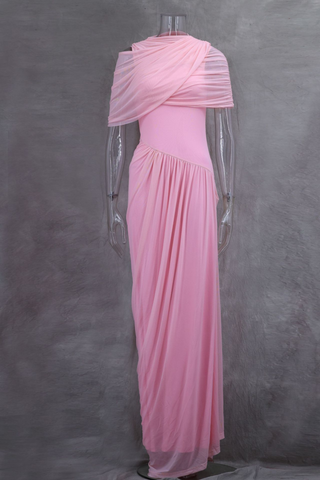 Asymmetrical Draped Mesh EveningLong Dress with Pleated Waist & Shoulder Wrap