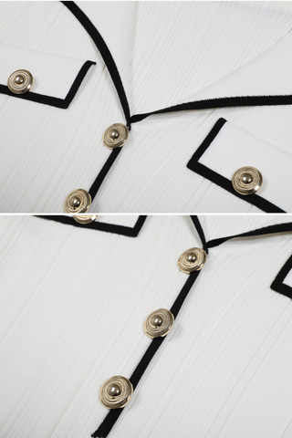 Pleated Knit  Lapel Collar Buttoned Pockets Mini Dress