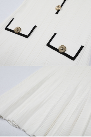 Pleated Knit  Lapel Collar Buttoned Pockets Mini Dress