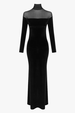 Velvet Mesh High Neck Long Dress – Long Sleeve Evening Gown