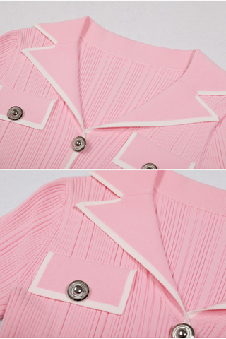 Pleated Knit  Lapel Collar Buttoned Pockets Mini Dress