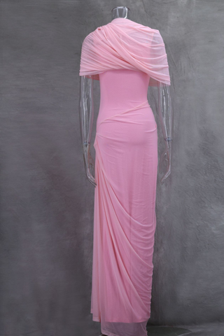 Asymmetrical Draped Mesh EveningLong Dress with Pleated Waist & Shoulder Wrap